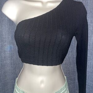 Black One-Shoulder Ribbed Crop Top